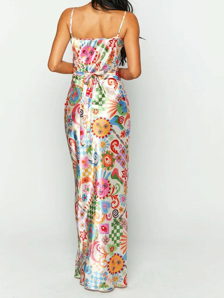 Multicolor Satin Summer Print Maxi Dress