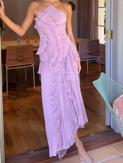 Pleated Suspender Long Dress With Slits