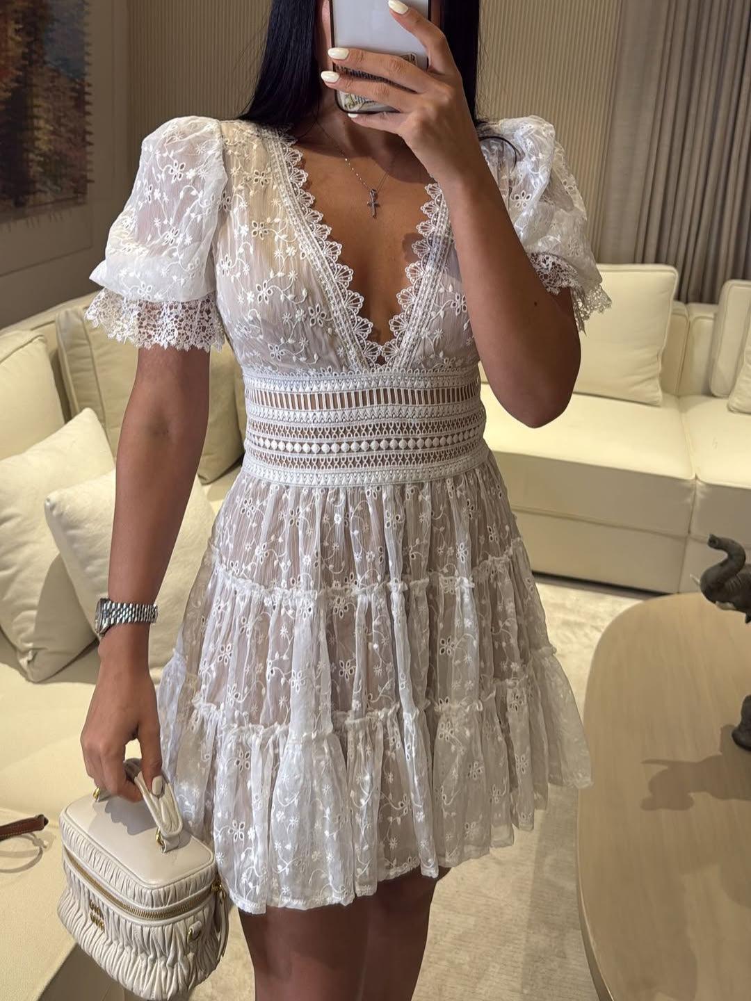 Elegant casual deep V lace short dress