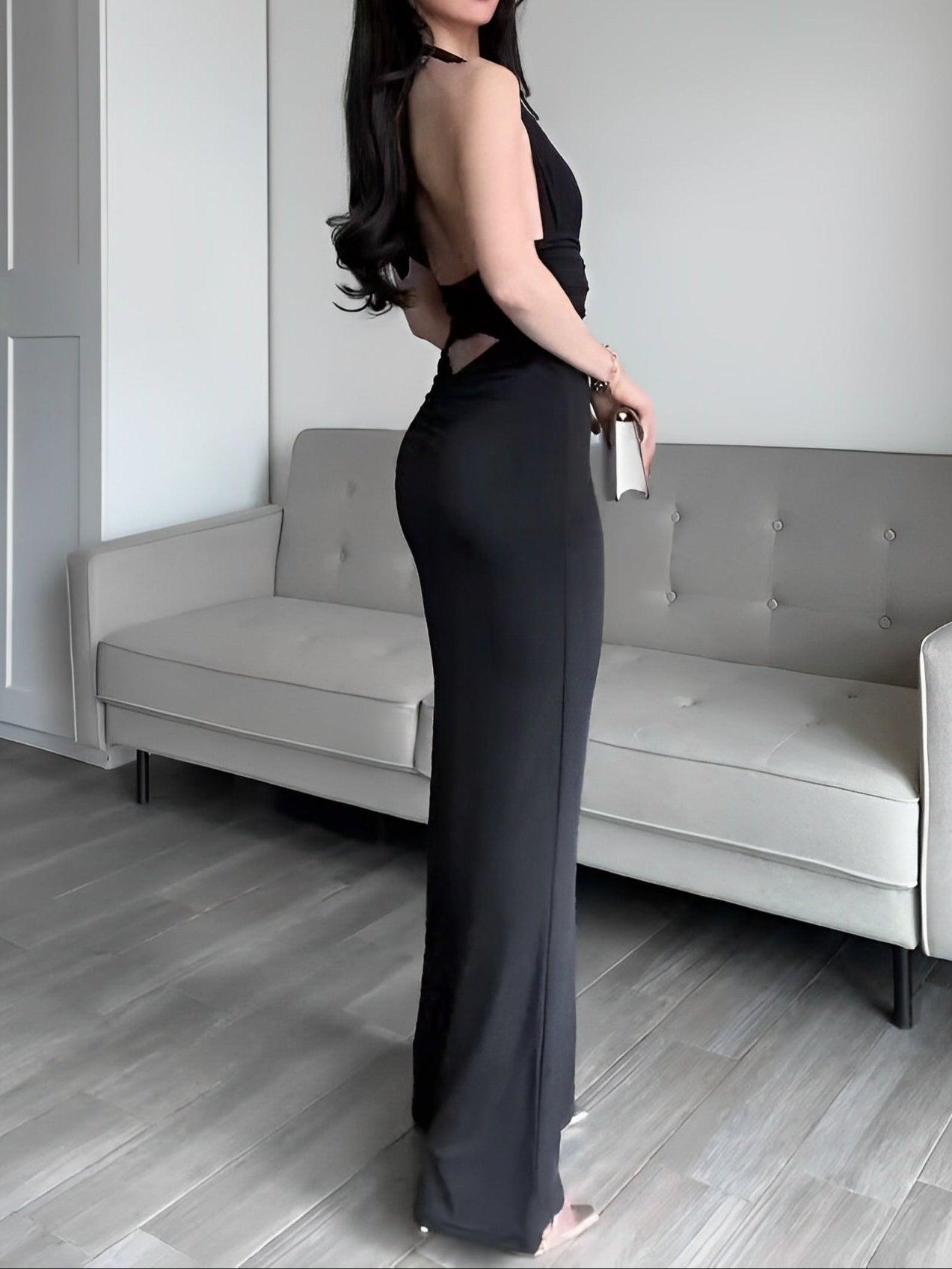 Elegant halterneck deep v long dress