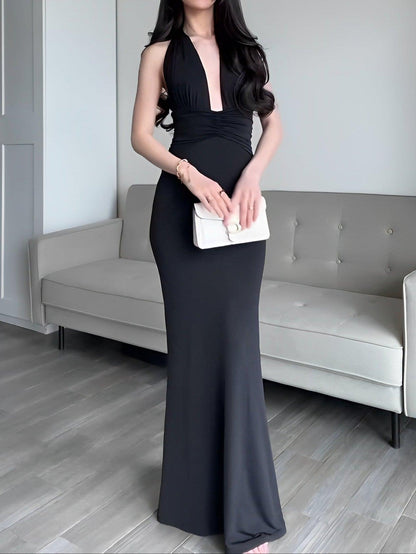 Elegant halterneck deep v long dress