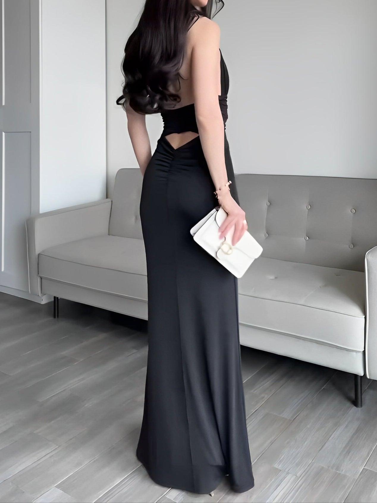 Elegant halterneck deep v long dress