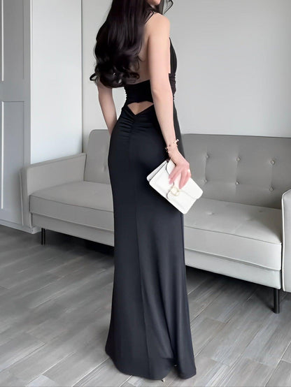 Elegant halterneck deep v long dress