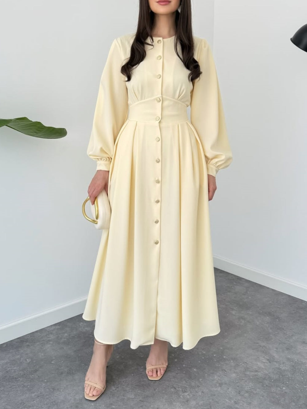 Elegant Round Neck Button Long Sleeve Dress