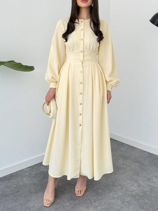 Elegant Round Neck Button Long Sleeve Dress