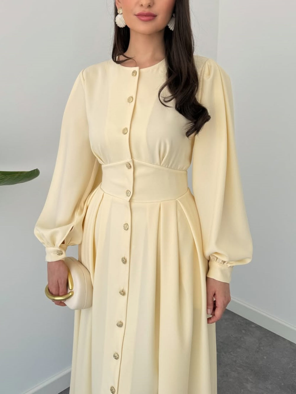 Elegant Round Neck Button Long Sleeve Dress