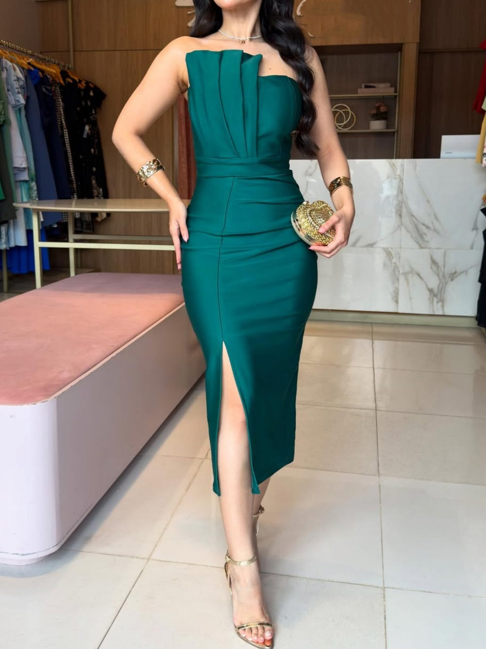 Satin irregular tube top midi dress