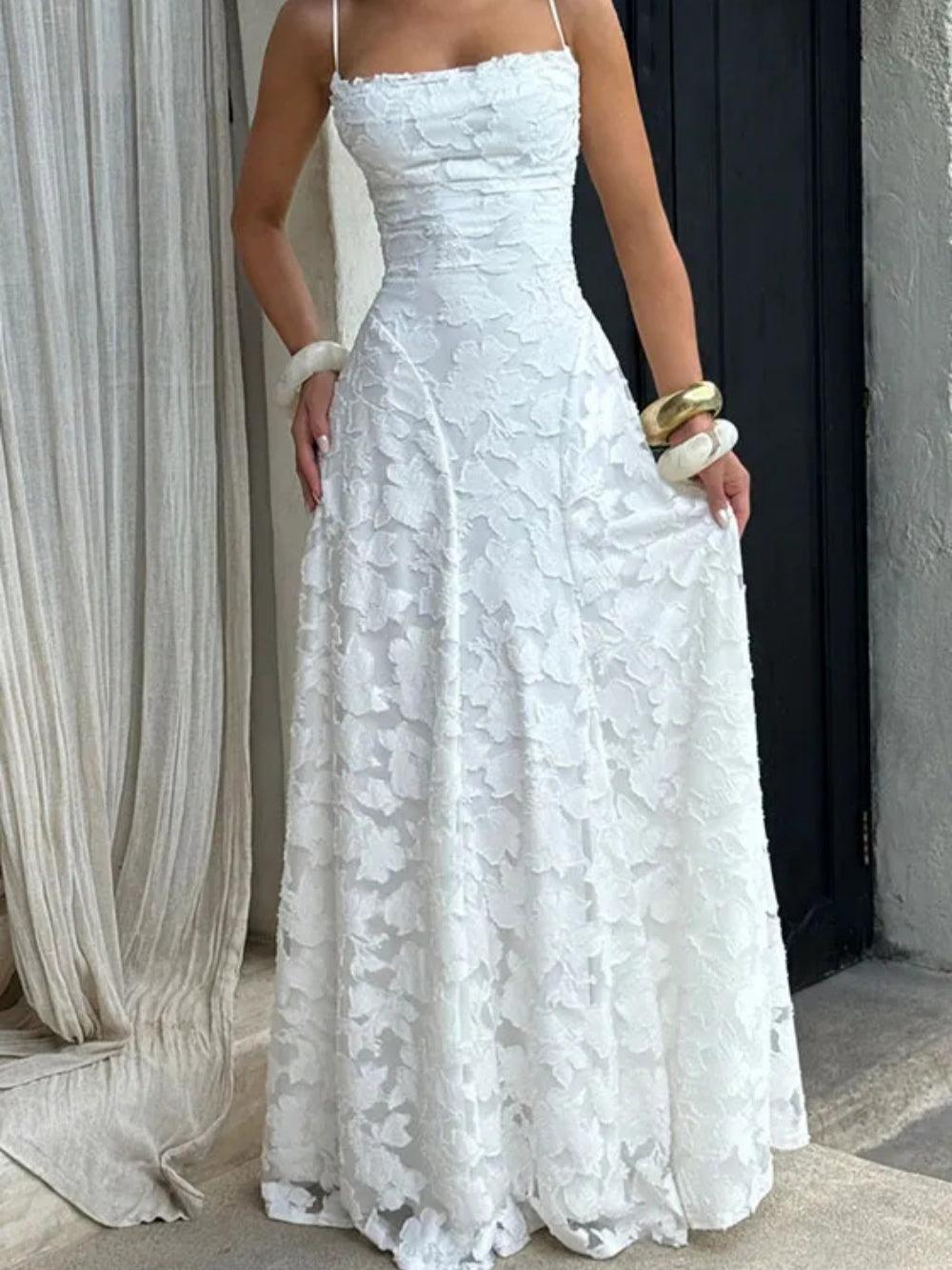 Spaghetti Strap White Lace Long Dress