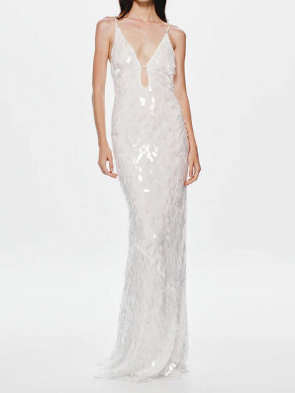 Low-cut hollow strap backless sequined dress