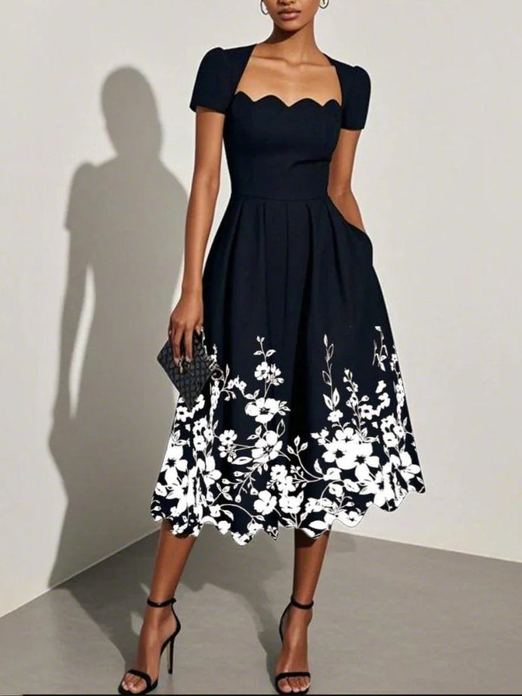 Black Floral Print Irregular Square Neck Short Sleeve A-line Midi Dress