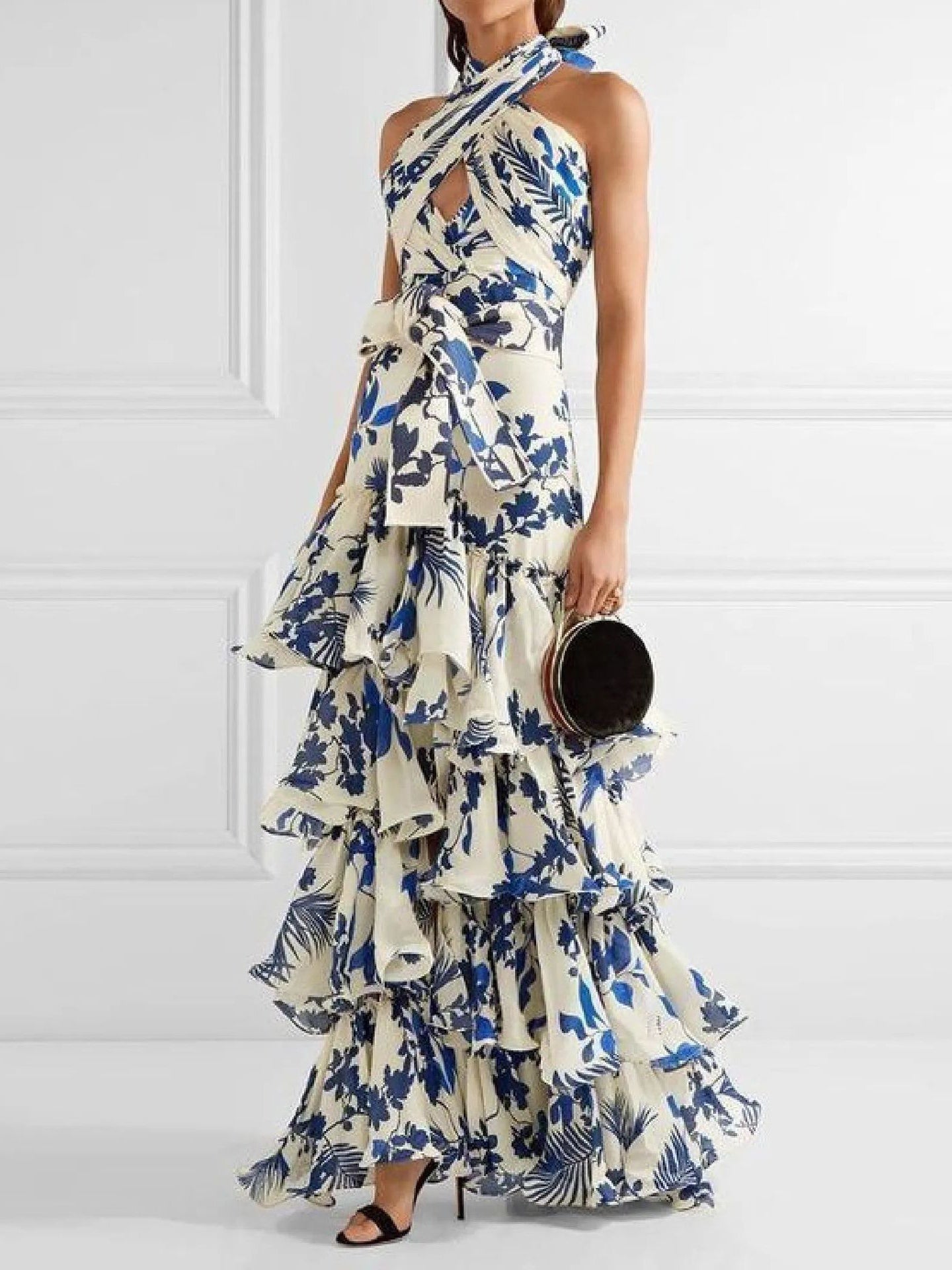 Blue and White Floral Halter Neck Backless Layered Ruffle Maxi Dress