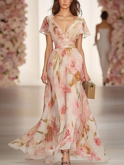 Floral Print V-neck Short-sleeved Waist Casual Maxi Dress