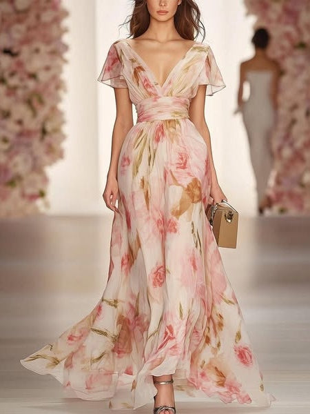 Floral Print V-neck Short-sleeved Waist Casual Maxi Dress