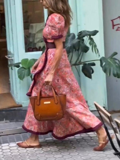 Elegant Pink Floral Print Short Sleeve Maxi Dress