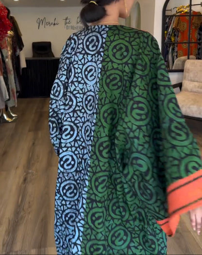 Color Block Print V Neck Tunic Maxi Dress