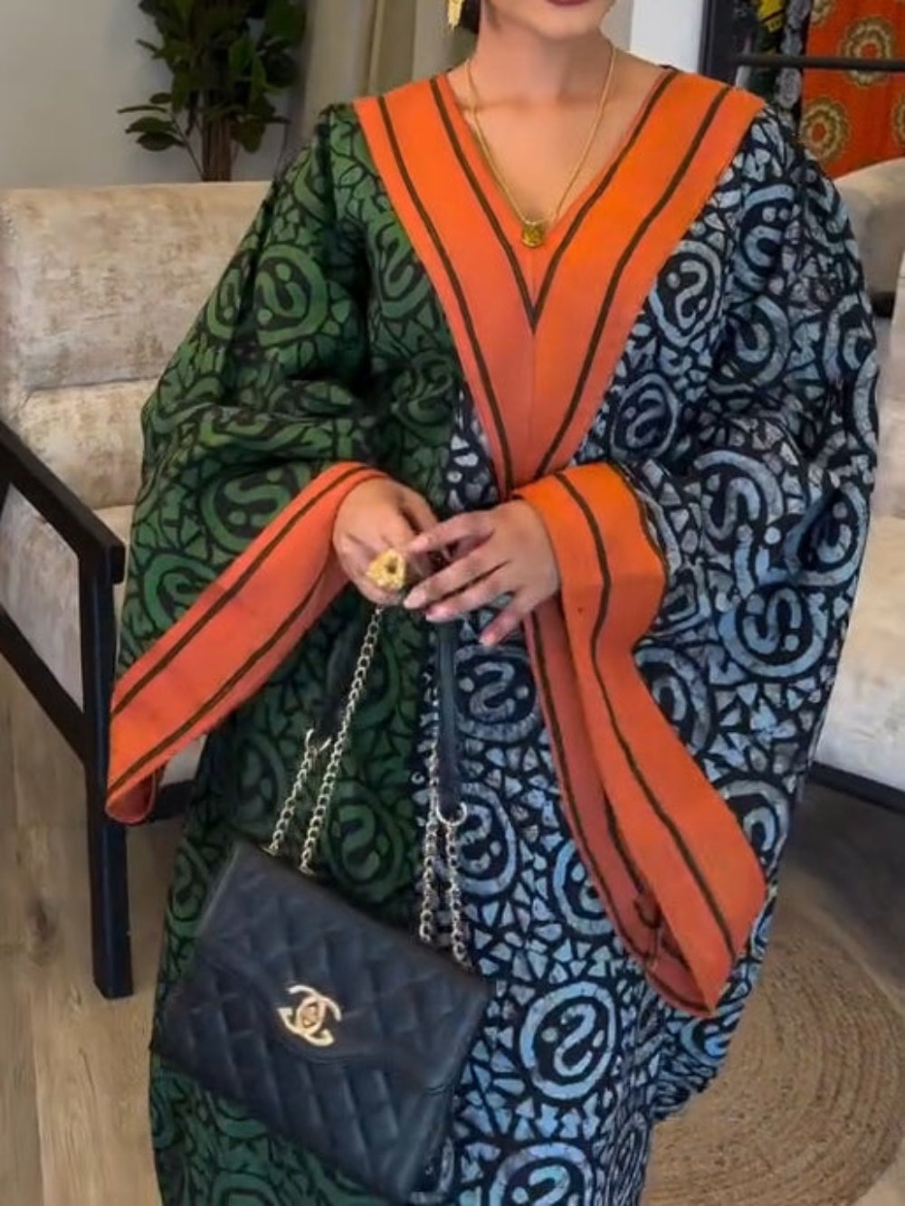 Color Block Print V Neck Tunic Maxi Dress