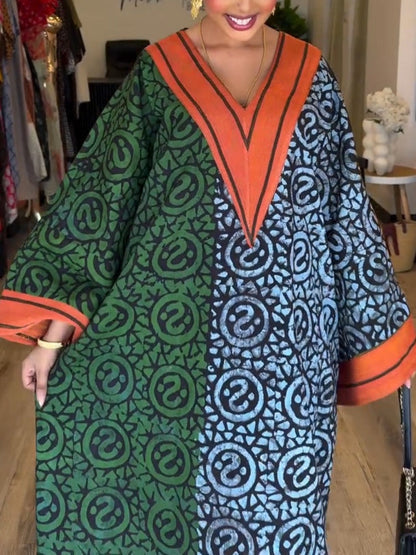 Color Block Print V Neck Tunic Maxi Dress
