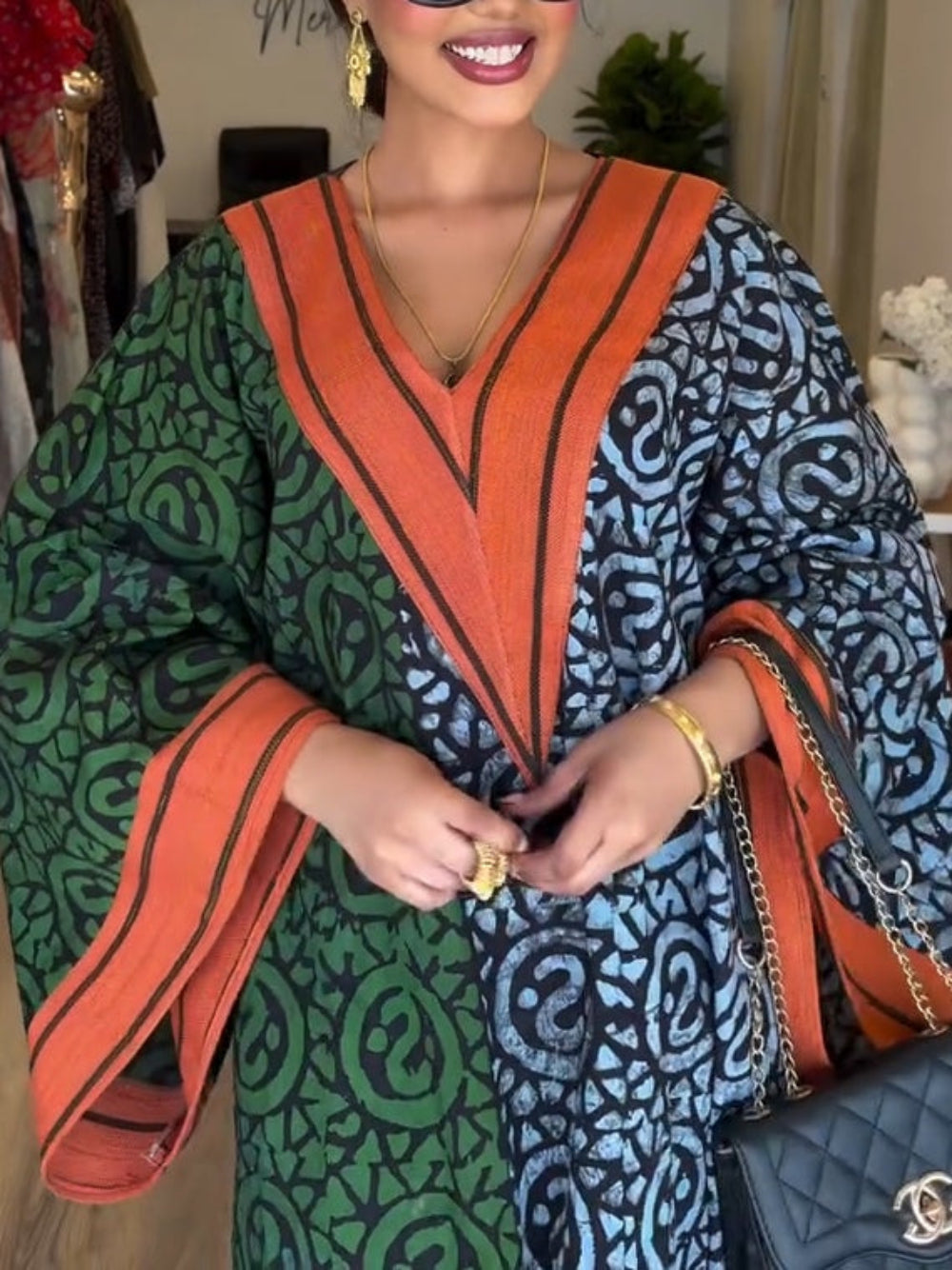 Color Block Print V Neck Tunic Maxi Dress