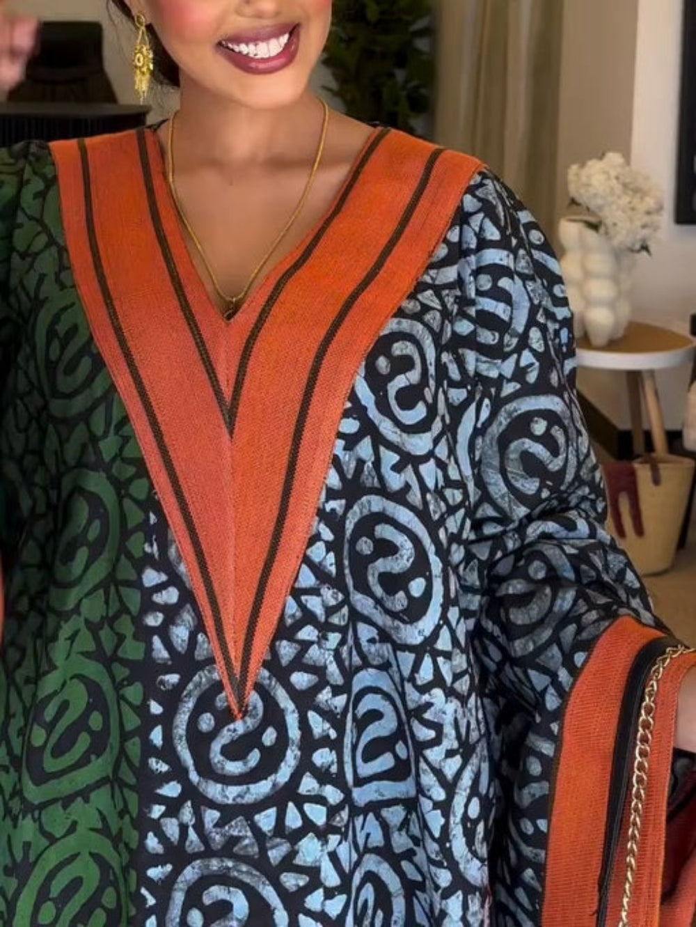 Color Block Print V Neck Tunic Maxi Dress