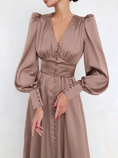 Satin Solid Balloon Sleeve V Neck Midi Dress