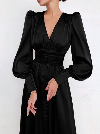 Satin Solid Balloon Sleeve V Neck Midi Dress