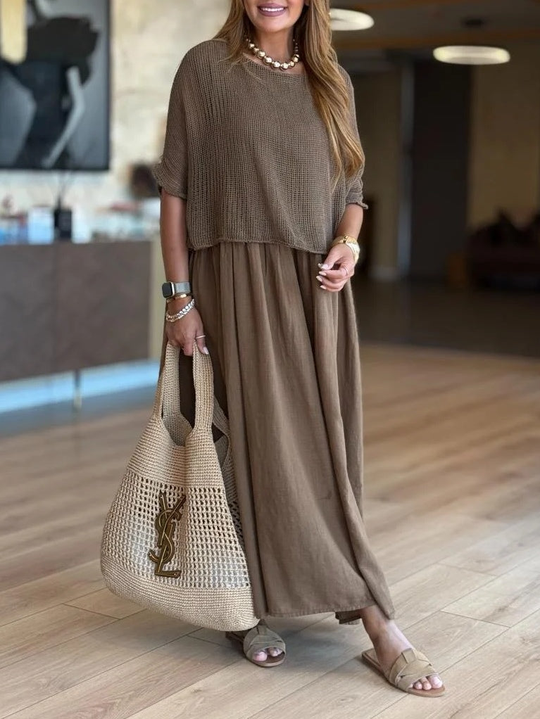 Casual Mesh Top Cotton Dress Two-Piece Set