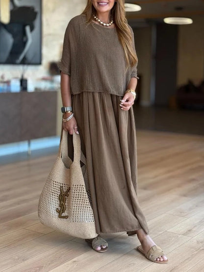 Casual Mesh Top Cotton Dress Two-Piece Set