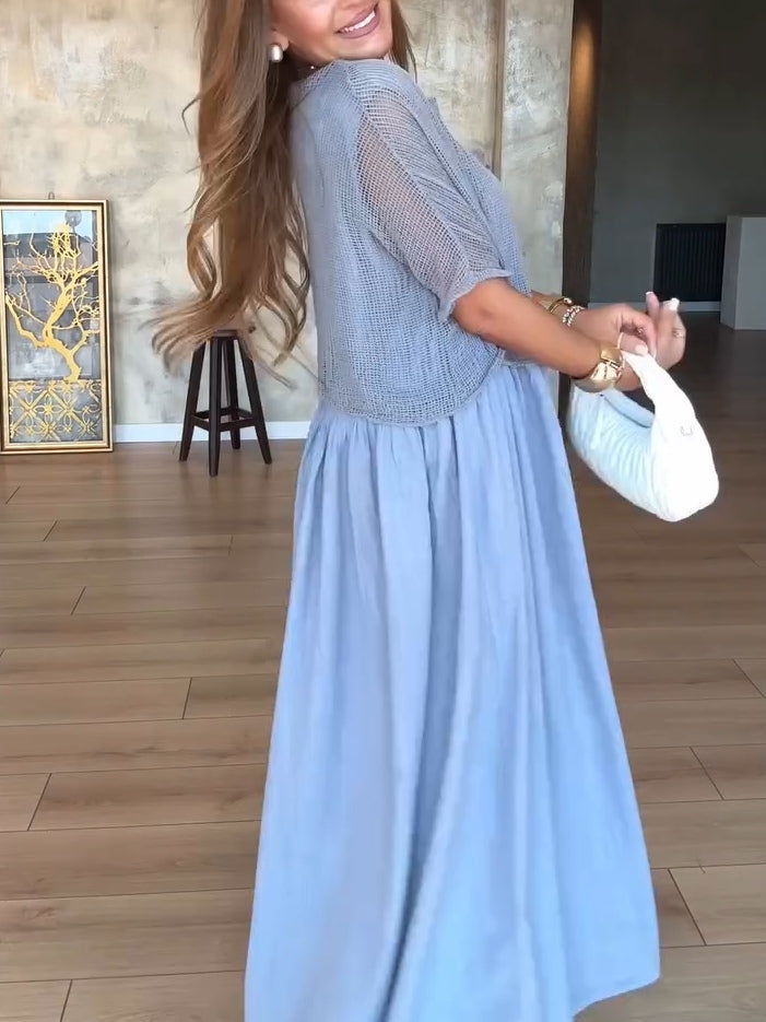 Casual Mesh Top Cotton Dress Two-Piece Set