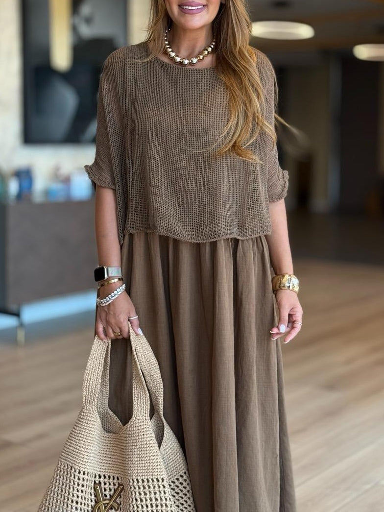 Casual Mesh Top Cotton Dress Two-Piece Set