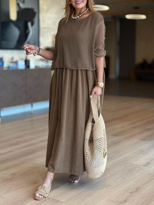 Casual Mesh Top Cotton Dress Two-Piece Set