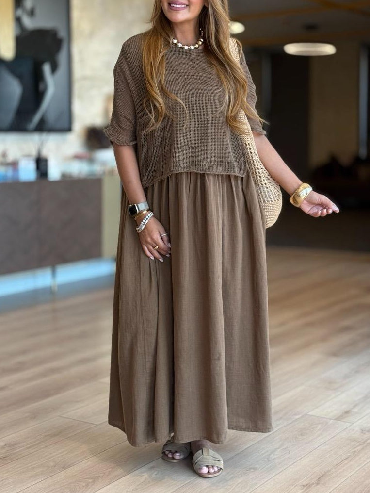 Casual Mesh Top Cotton Dress Two-Piece Set