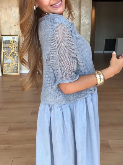 Casual Mesh Top Cotton Dress Two-Piece Set