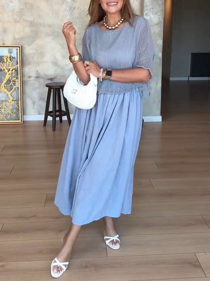 Casual Mesh Top Cotton Dress Two-Piece Set