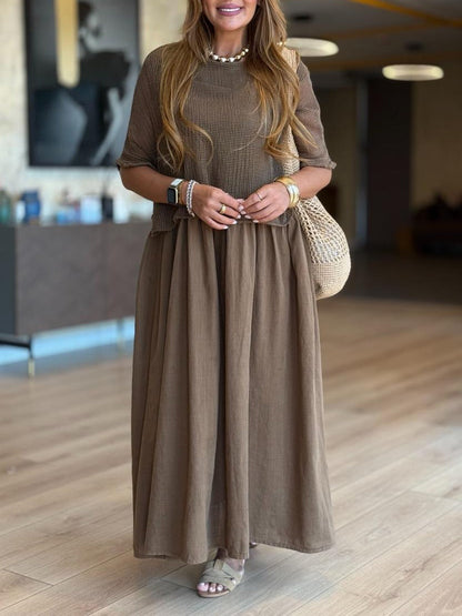 Casual Mesh Top Cotton Dress Two-Piece Set