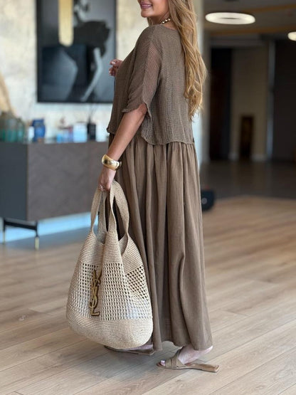 Casual Mesh Top Cotton Dress Two-Piece Set