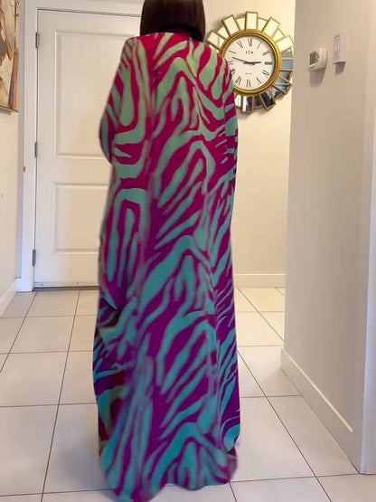 Zebra Print V-Neck Batwing Sleeve Robe Maxi Dress