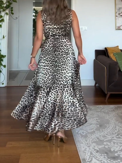 Classic Leopard Print Irregular Fishtail Midi Dress