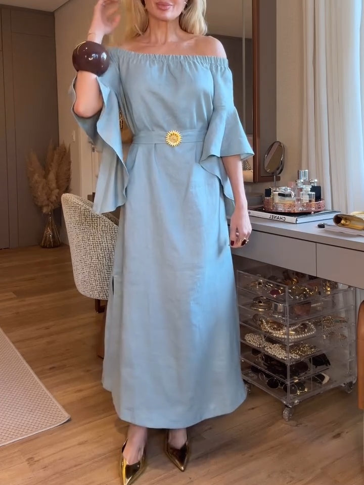 Light Blue Cotton Off-shoulder Maxi Dress