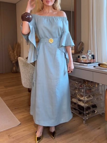 Light Blue Cotton Off-shoulder Maxi Dress