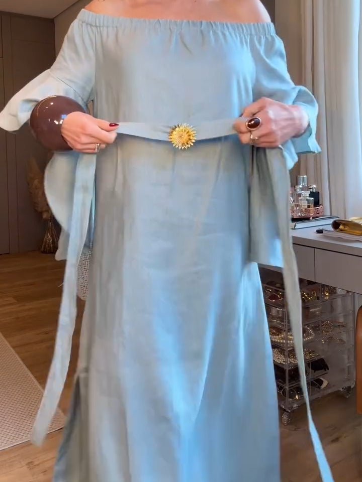 Light Blue Cotton Off-shoulder Maxi Dress