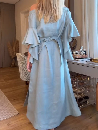 Light Blue Cotton Off-shoulder Maxi Dress