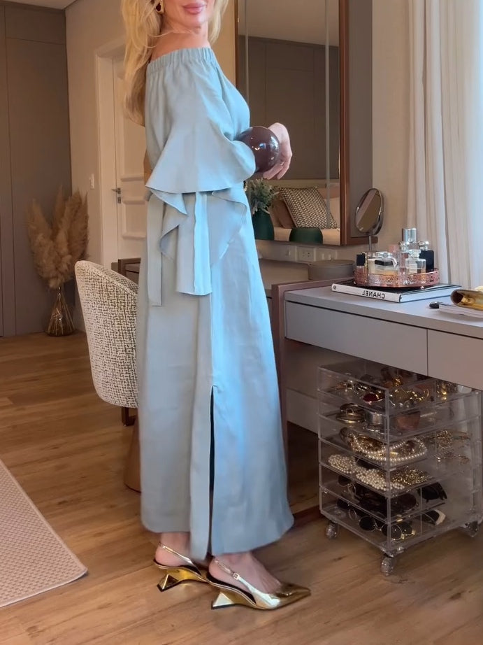 Light Blue Cotton Off-shoulder Maxi Dress