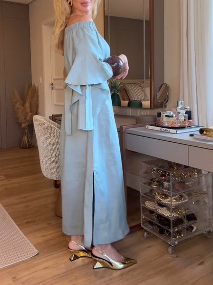 Light Blue Cotton Off-shoulder Maxi Dress