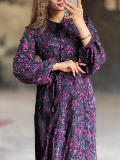 Elegant Floral Print Pleated Shirt Maxi Dress