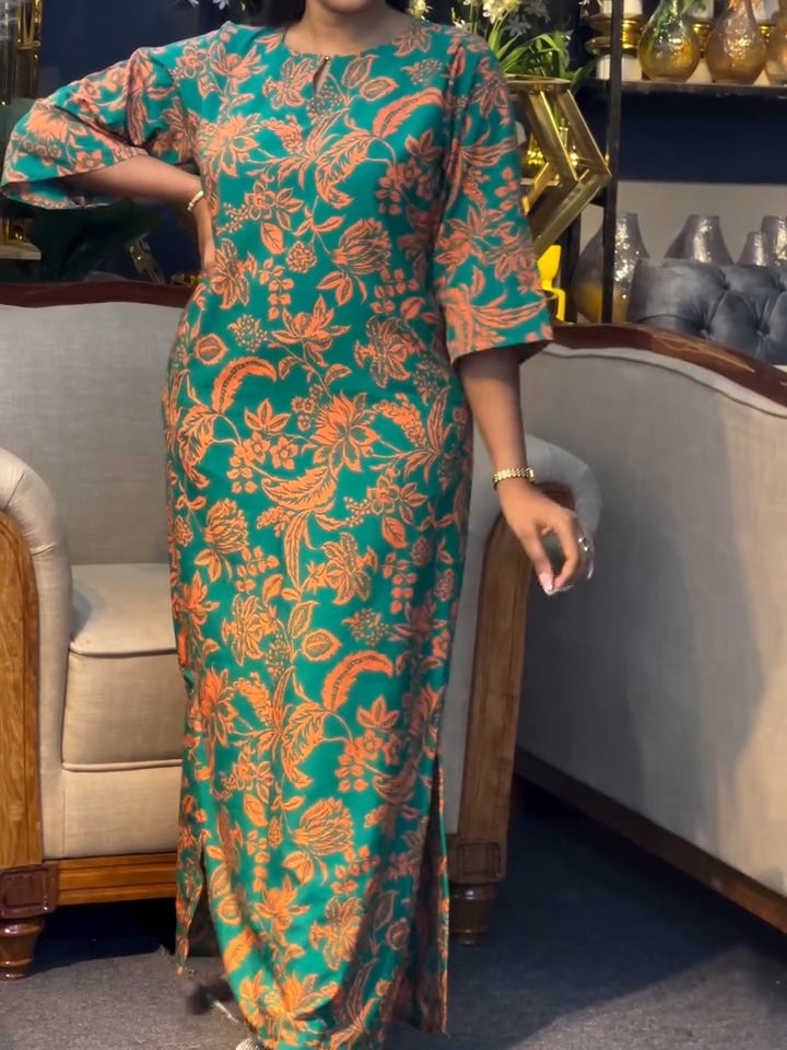 Green Vintage Floral Print Mid-Sleeve Length Maxi Dress