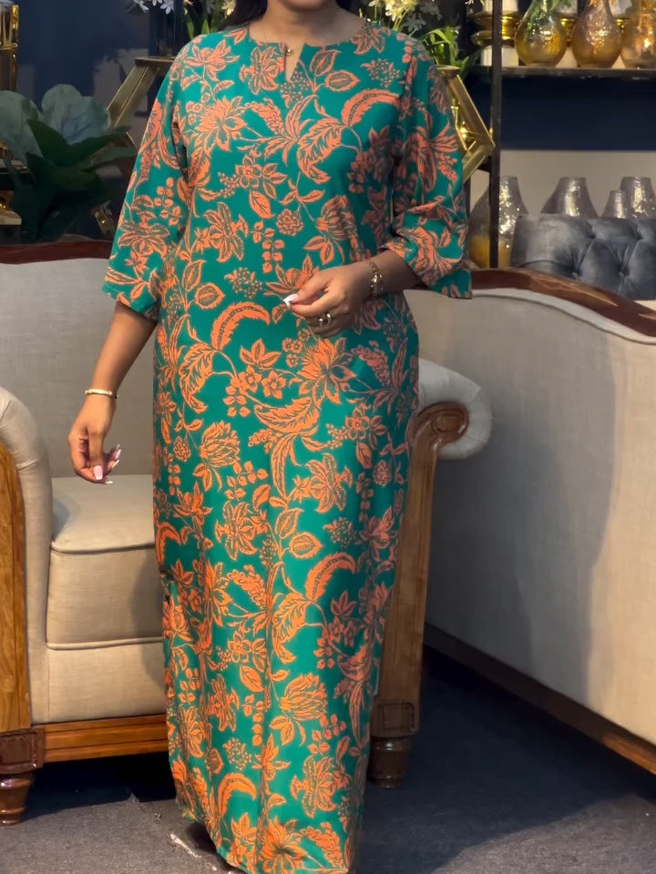 Green Vintage Floral Print Mid-Sleeve Length Maxi Dress