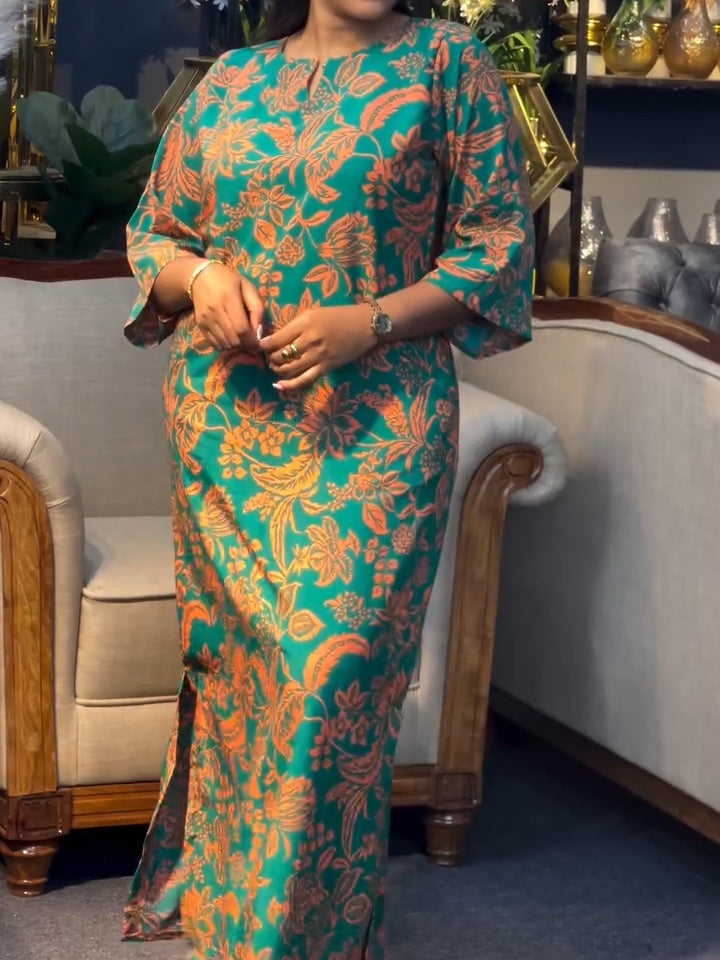 Green Vintage Floral Print Mid-Sleeve Length Maxi Dress