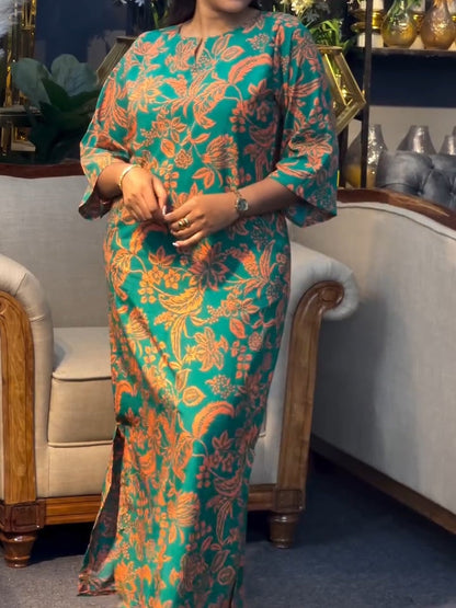 Green Vintage Floral Print Mid-Sleeve Length Maxi Dress
