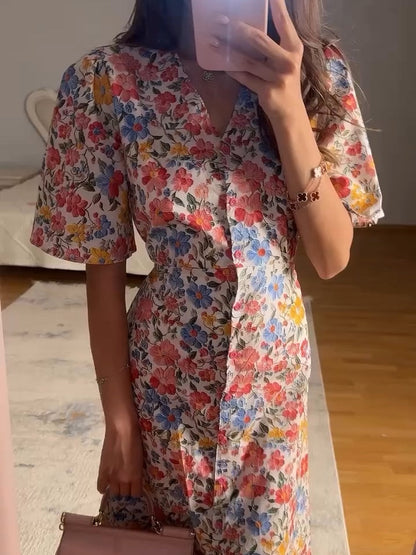 Floral Print V-Neck Button-Down Midi Dress