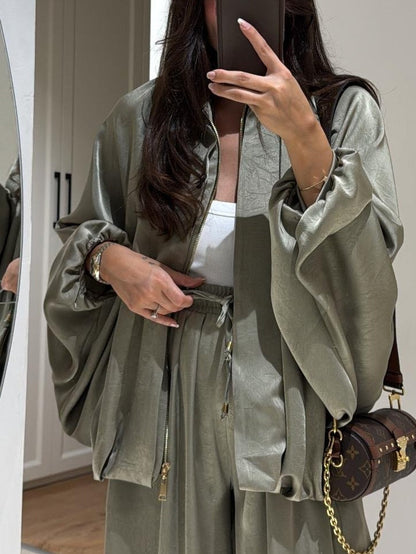 Brown Jacket + Drawstring Pants Casual Two-piece Suit